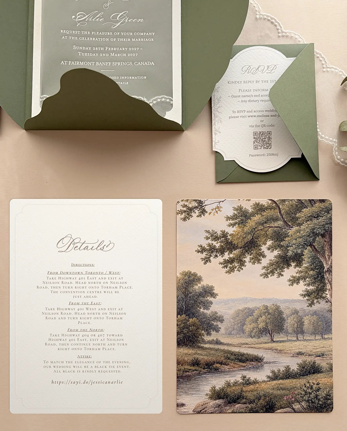 Florence wedding suite enclosures: calligraphy details card, antique tapestry art print of an oak forest and brook, and RSVP card in an olive green envelope