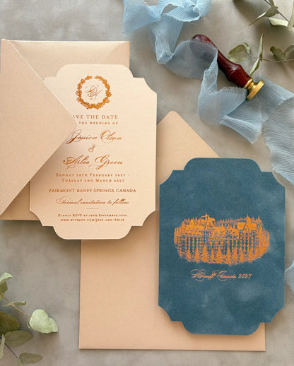 Venue Velvet Save the Date front and reverse side by side, dusty blue velvet with copper foil venue drawing and cream card with copper foil text — Polina Perri