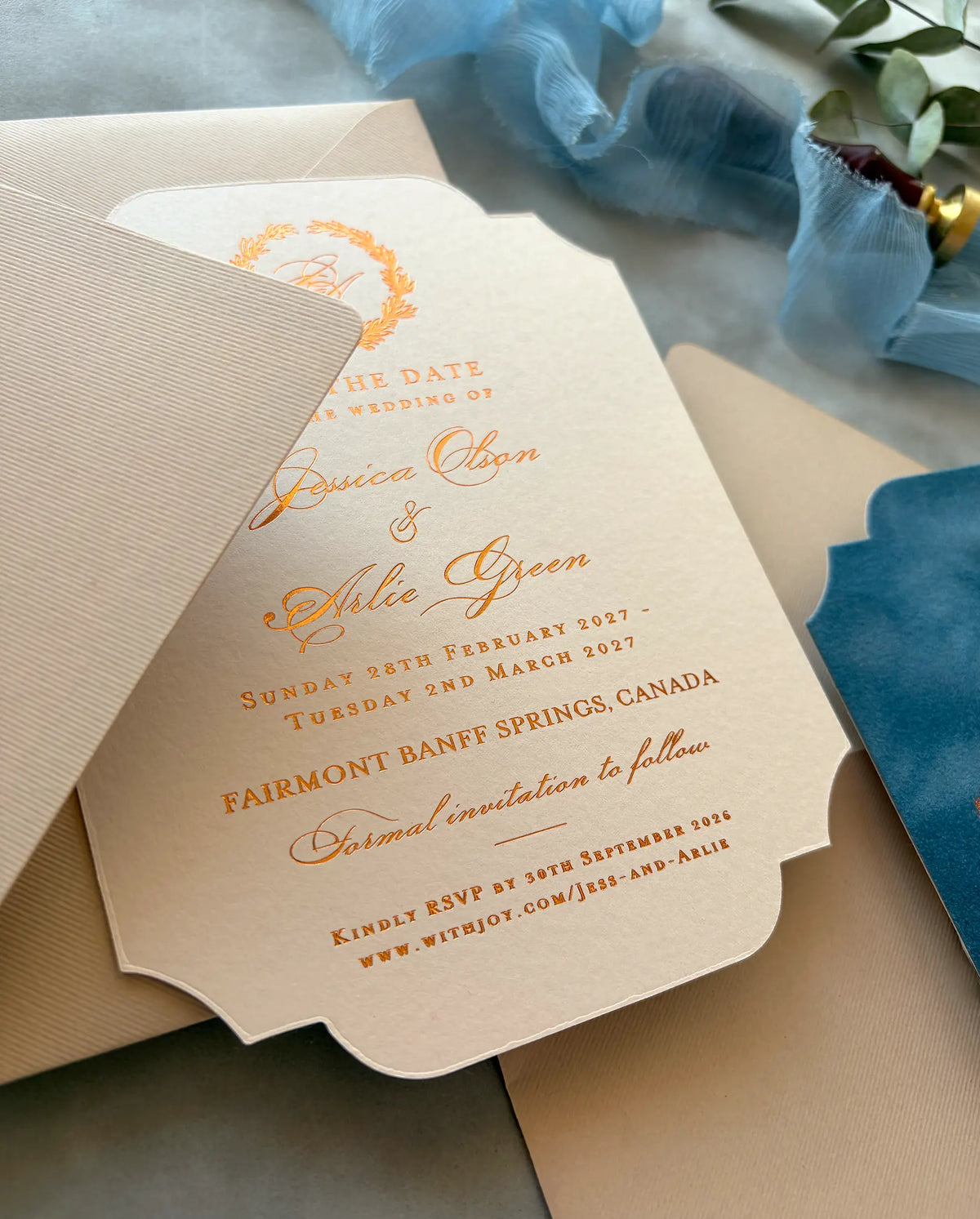 Venue Velvet Save the Date close-up of cream reverse with copper foil crest and wedding details, shaped die-cut edges and cream envelope — Polina Perri