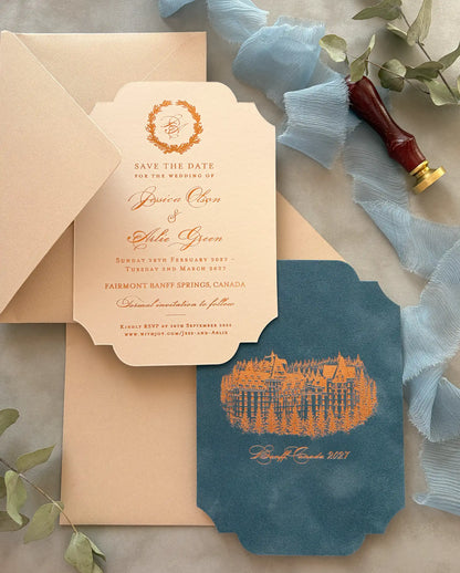 Venue Velvet Save the Date showing dusty blue velvet side with copper foil venue illustration and cream reverse with copper foil wording — Polina Perri